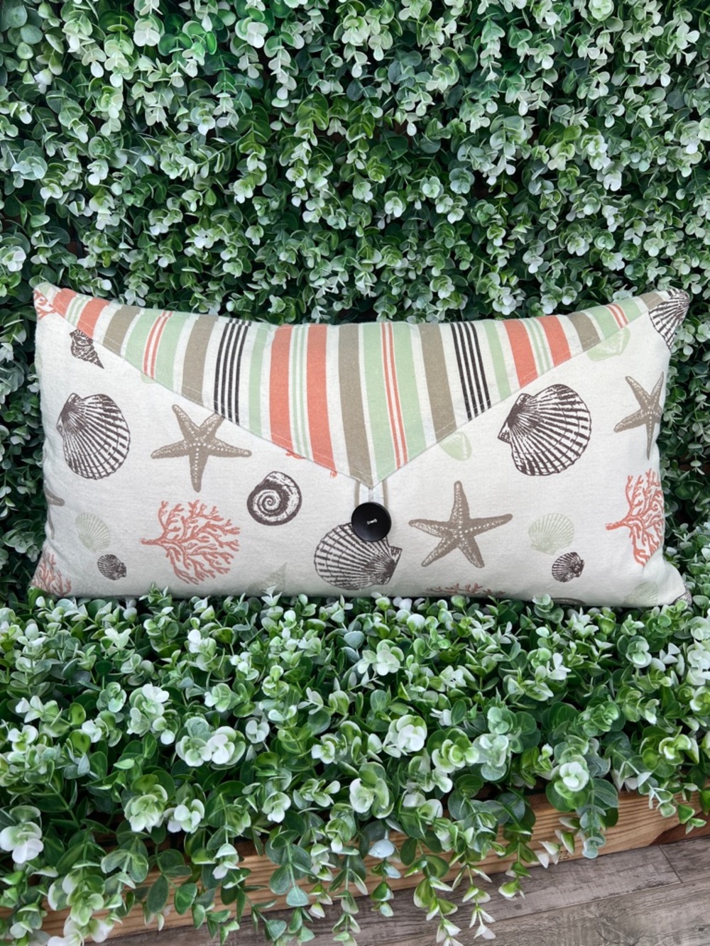 Coastal Seashell Accent Pillow, Reversible Beach Cottage Decor